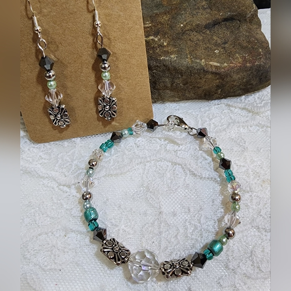 Bracelet And Earrings Jet Hematite Beads With Silver Toned and Teal Accents
